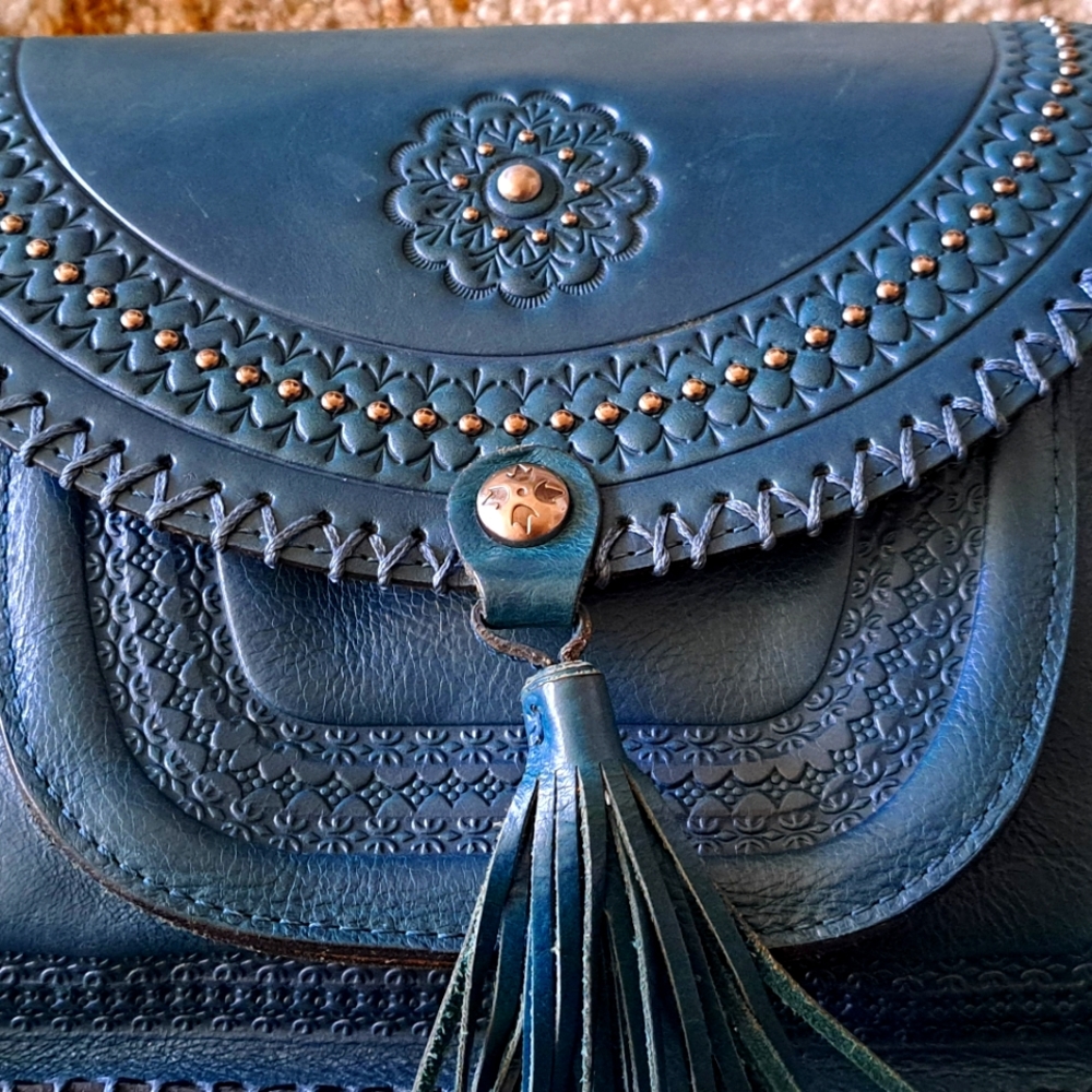 Blue Patricia nash bag  Intricate Detailing and Decorative Tassel / long strap